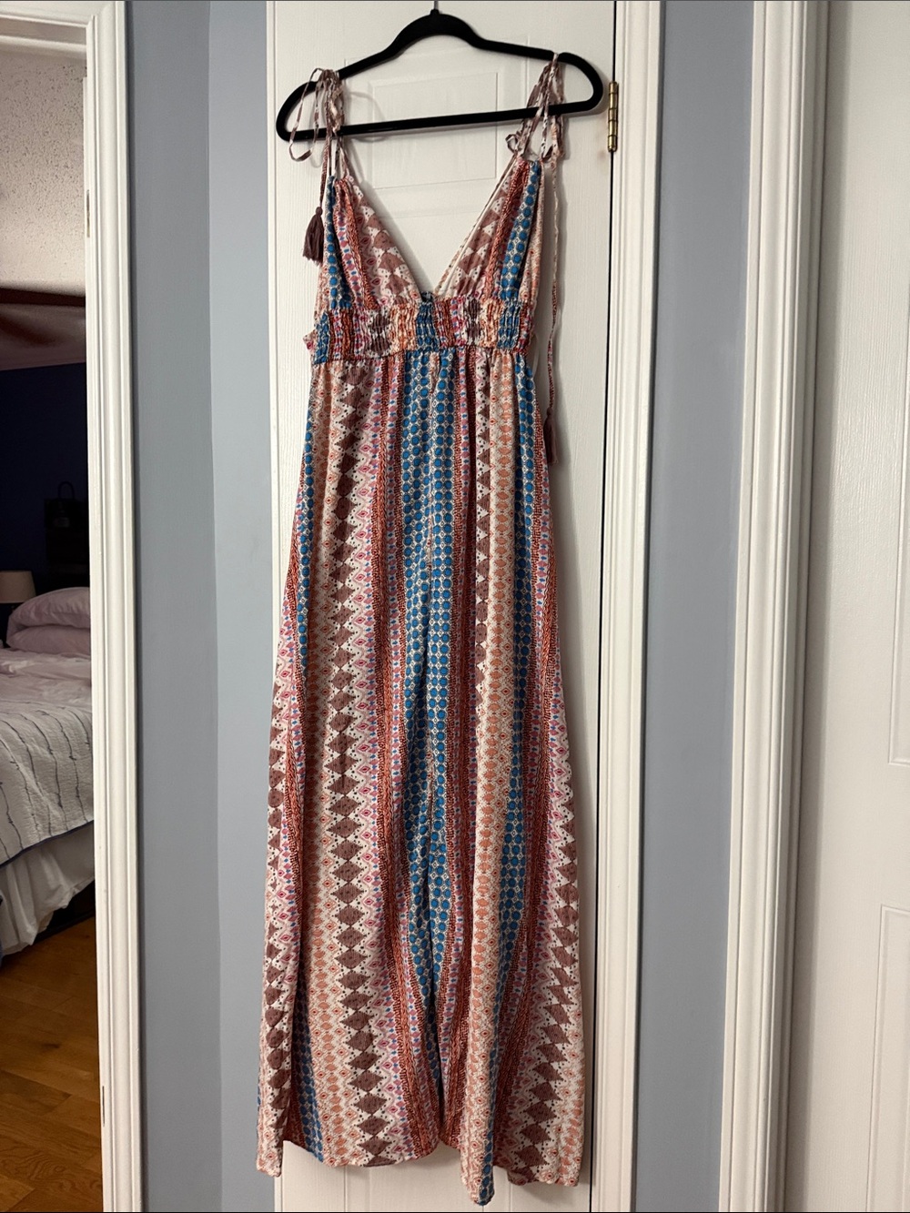 Boho Tie-Shoulder Maxi Dress in Rust & Blue